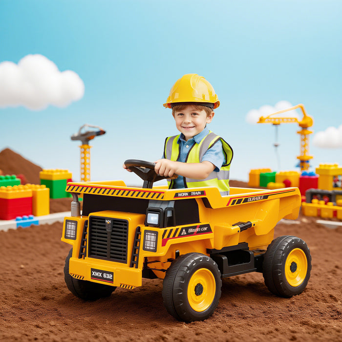 Qaba Tracteur A Conduire Pour Enfants, Avec Benne Basculante Electrique