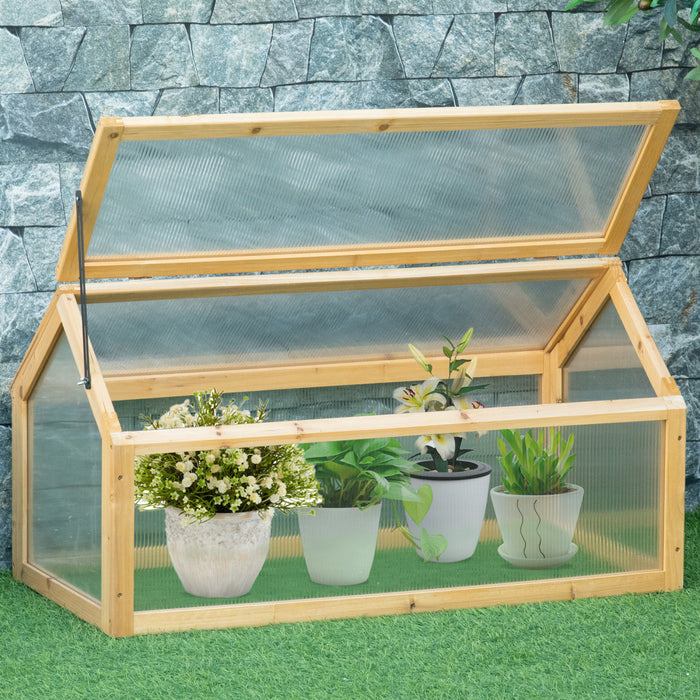 Outsunny Mini Serre De Jardin Serre A Tomates Dim. 35.5\" X 20.5\" X 19.5\" Toit Ouvrable Panneaux De Polycarbonate Bois Sapin Pre-huile Brun Clair