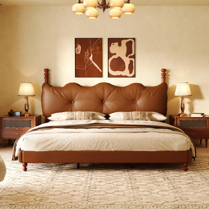 Cadre de lit plateforme en simili cuir Emma avec tete de lit, taille Queen, marron