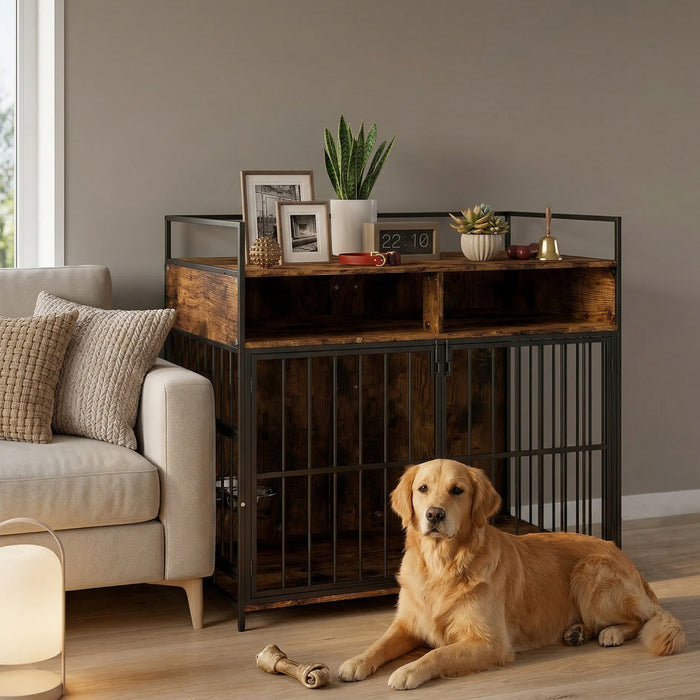 Meuble-cage pour chien avec station d'alimentation rotative