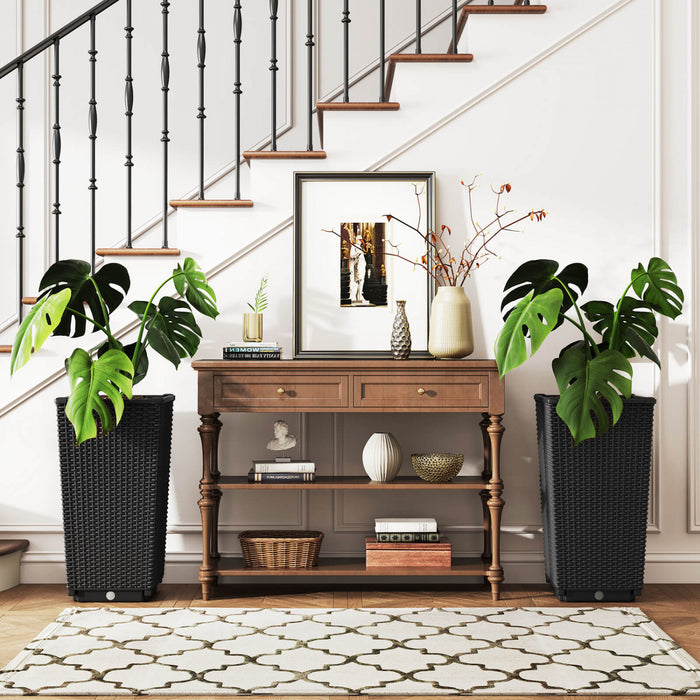 Costway 23 \"planteurs Hauts Ensemble De 2 Pot De Plante En Mousse De Rattan Pot D'arbre Auto-arrosant Noir