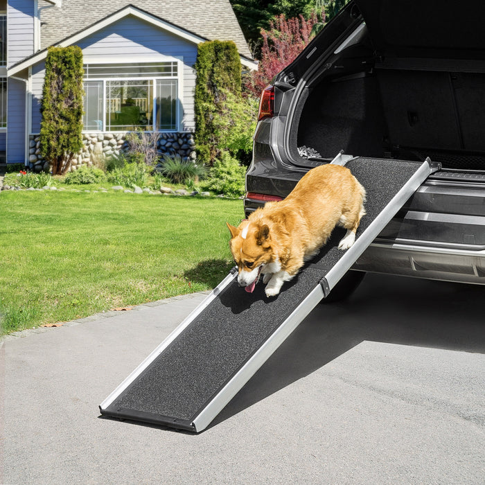 Pawhut Rampe Pliable Portable Pour Animaux De Compagnie, Rampe Voitures Pour Chien Chat Avec Une Poignee De Transport, Rampe Antiderapante, Rails Lateraux Securises En Aluminium, Noir