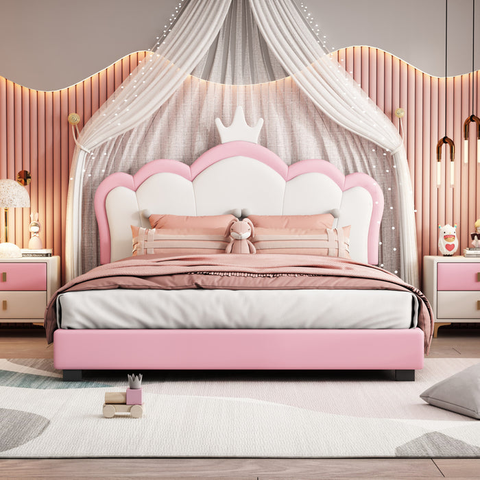 Lit Princesse Judson Tapisse Avec Tete De Lit En Forme De Couronne Et Cadre Plateforme En Pu, Taille Full, Rose