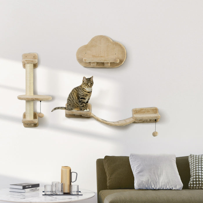 Pawhut Etageres Pour Chat Avec Griffoir, Plateforme De Saut En Forme De Nuage, Etageres Murales Pour Chat Pour Se Detendre, Dormir, Grimper, Mur Pour Chat Avec Echelle Souple Et Balles De Jeu, Beige