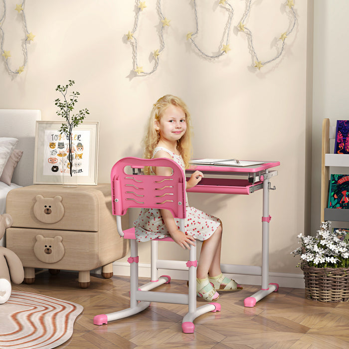 Qaba Ensemble Bureau Et Chaise Pour Enfants Reglable Bureau Inclinable Rose