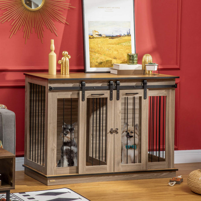 Pawhut Meuble Pour Cage De Chien Avec Panneau De Separation, Meuble Tv En Bois, Table D'appoint, Pour Grands Chiens Ou Pour 2 Petits Chiens Avec Design Deux Pieces, 2 Portes Coulissantes, Chene