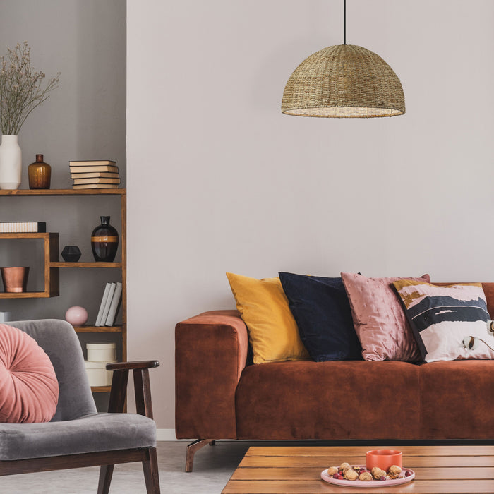Luminaire suspendu Pourel de Dainolite avec abat-jour naturel, fini noir mat et 1 ampoule