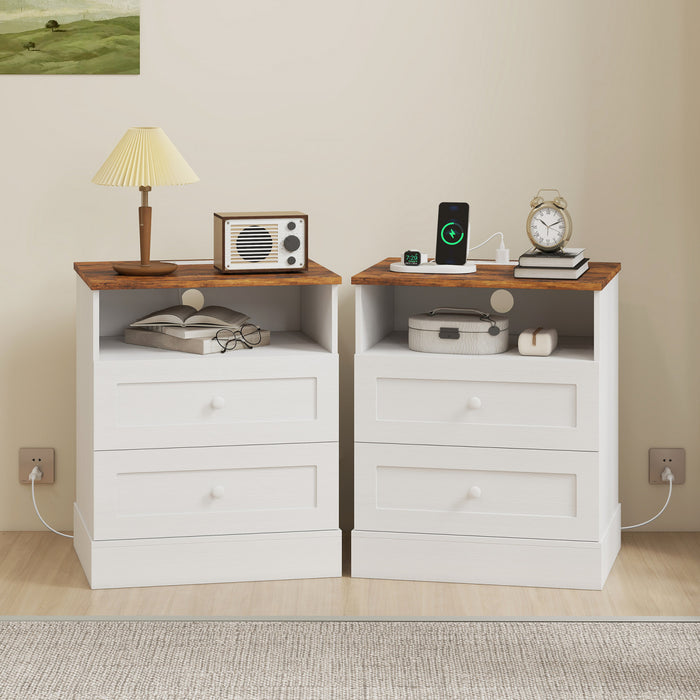 HOMCOM Lot de 2 tables de chevet avec station de charge, blanc et chene