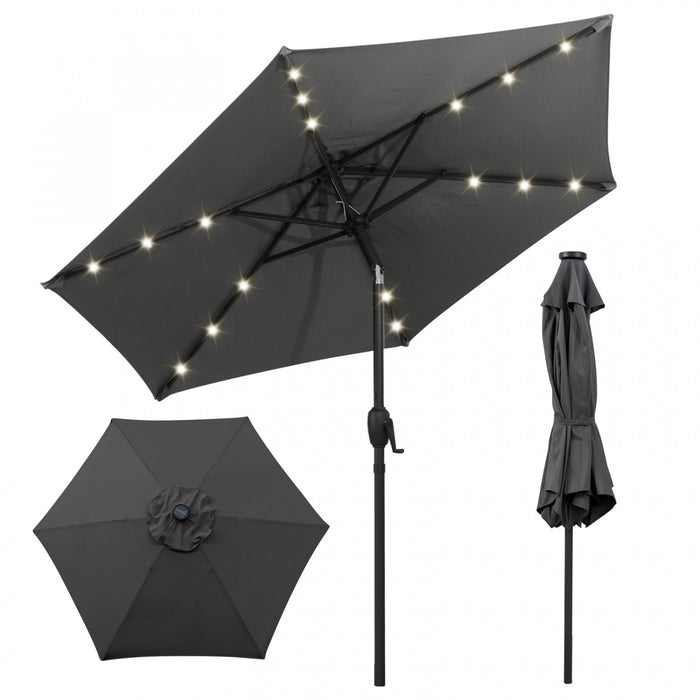 Parasol solaire Costway 7,5 ft avec lumieres LED, inclinaison par bouton-poussoir, manivelle, gris