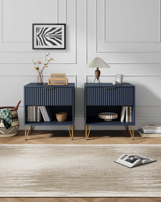 Table de nuit moderne Dumbo 20\" a cannelures en bleu minuit (1 tiroir) - Lot de 2