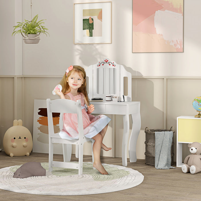 Qaba Ensemble De Coiffeuse Pour Enfants 2 Pieces, Coiffeuse Avec Miroir Pliable En Trois Amovible, Tables De Maquillage Avec Tabourets Et Tiroirs, Pour Enfants De 3 A 8 Ans, Blanc