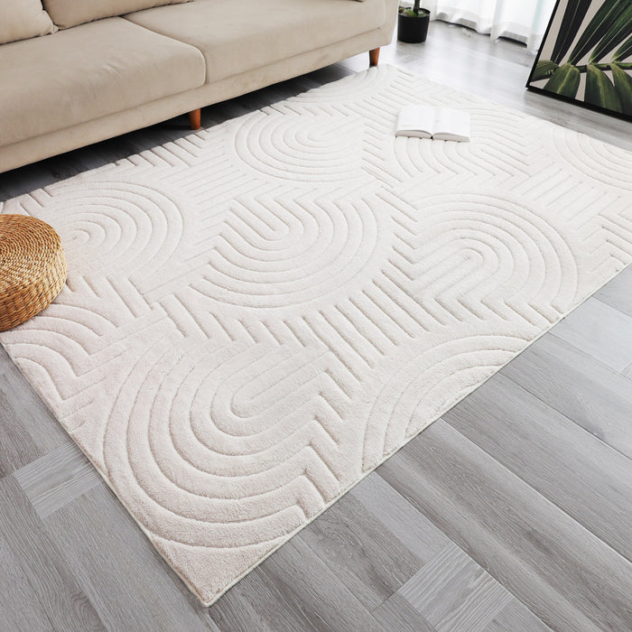 Tapis Lavable A Poils Longs En Velours Creme A Motifs Circulaires 5'x7'
