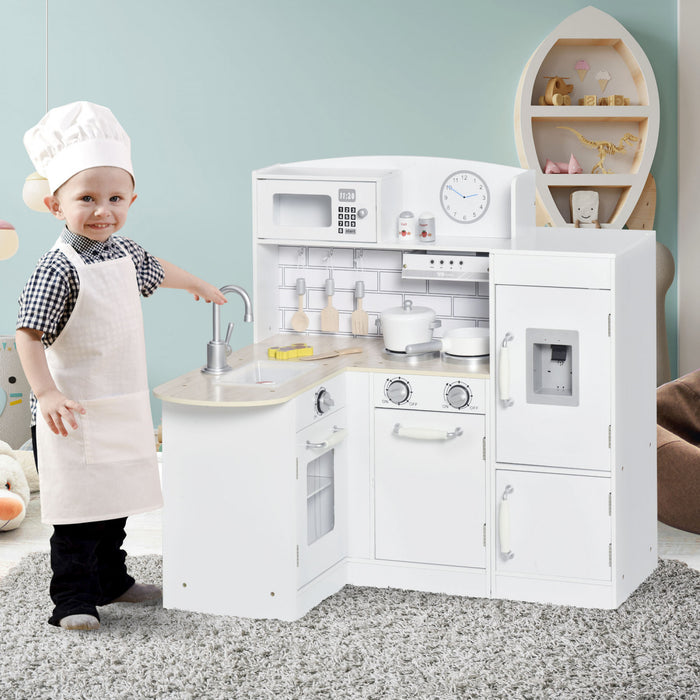 Qaba Jouets De Cuisine Pour Enfants Jeu De Role Avec Abreuvoir, Micro-ondes Et Refrigerateur Avec Accessoires - Blanc