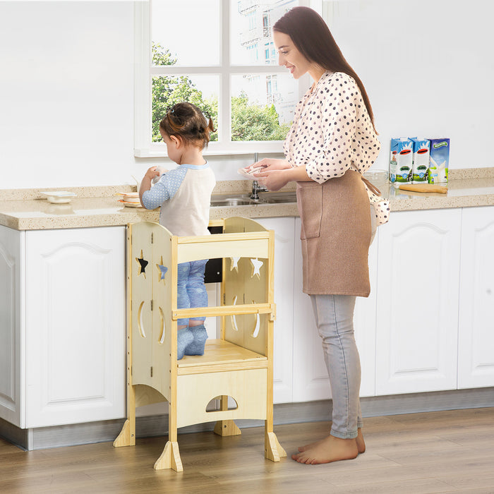 Qaba Marchepied Pliable Pour Tout-petit Tabouret De Cuisine Avec Tableau Noir Main Courante Verrouillable Pour 3-6 Ans Beige