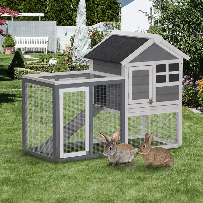 Pawhut 48\" Cage A Lapins Clapier En Bois Resistant Aux Intemperies Avec Toit Incline Et Enclos Exterieur Grillage, Gris