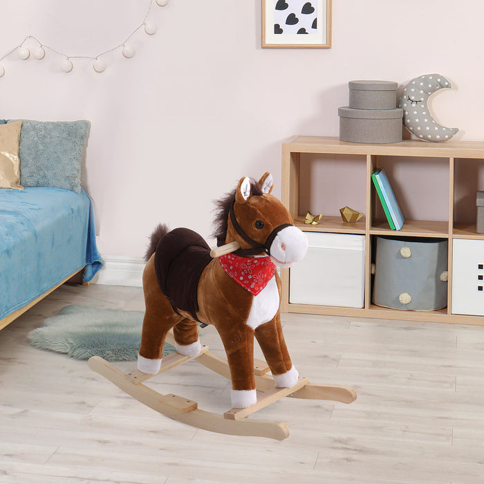 Qaba Enfants En Peluche Balade Sur Cheval A Bascule Enfant Animal Aventure Chaise A Bascule Jouet De Jeu Avec Echarpe Sonore Incluse Rouge Marron