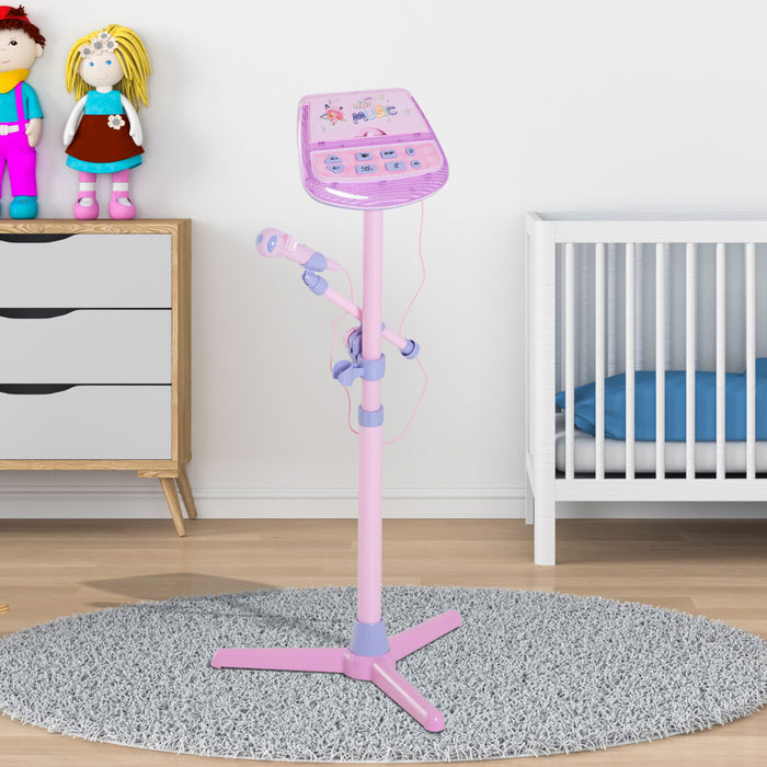 Qaba Enfants Karaoke Disco Machine Jouet Microphone Reglable Haut-parleur Stand Connecte Aux Lecteurs Mp3 Telephone Ipod Rose Clair