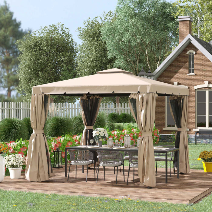 Belvedere De Patio Exterieur De 10 Pi X 10 Pi Outsunny Double Toit Souple Abri De Jardin Tente Avec De Beaux Rideaux En Polyester Et Des Rideaux En Maille, Kaki