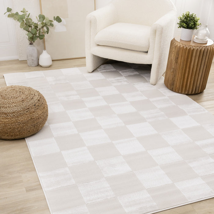 Carpette Leonardo blanche et grise à motif de carreaux - 5 pi 3 po x 7 pi 7 po