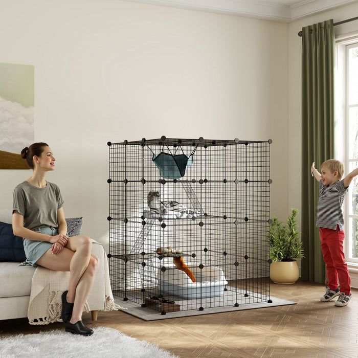 Pawhut Cage D'interieur Pour Chat A 4 Niveaux Avec Hamac, 5 Portes, 3 Rampes, 3 Plates-formes De Saut, Parc Pour Chat En Fil D'acier Pour 1 A 3 Chats, Noir