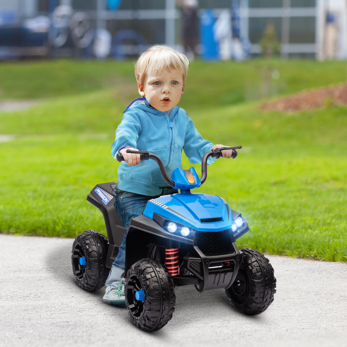 Qaba Voiture Electrique 12 V Pour Enfants, Quad Pour Enfants Alimente Par Batterie Avec Suspension A Ressorts A Quatre Roues, Avant Et Arriere, Lumiere Led, Mp3, Musique, Bleu