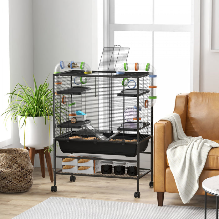 Pawhut Cage A Hamster 43\", Cage A Rats Roulants Pour Petits Animaux Avec Systeme De Tube Tunnel, Roue D'exercice, Plat De Nourriture, Bouteille D'eau, Rampe, Pour Hamsters Syriens