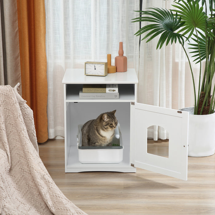 Pawhut Boite A Litiere Pour Chat Armoire Cachee Meubles Pour Chat Toilettes D'interieur Pour Chat Table De Chevet Avec Trou De La Taille D'un Chat Large Etagere De Rangement Blanc