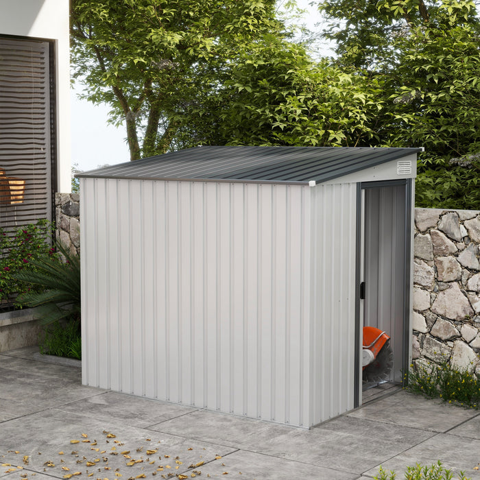 Outsunny 5 X 7ft Pencher A Remise De Stockage, Organisateur De Maison De Stockage D'outils De Jardin En Metal Avec Portes Coulissantes, Events, Crochets, Etageres Reglables, Blanc