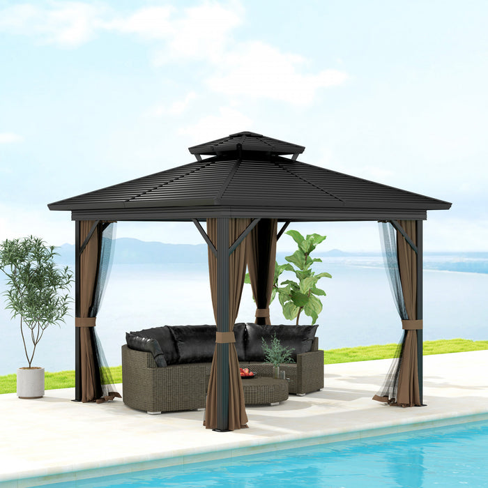 Outsunny Gazebo Exterieur En Aluminium A Toit Rigide 10x10 Pi, Brun Fonce