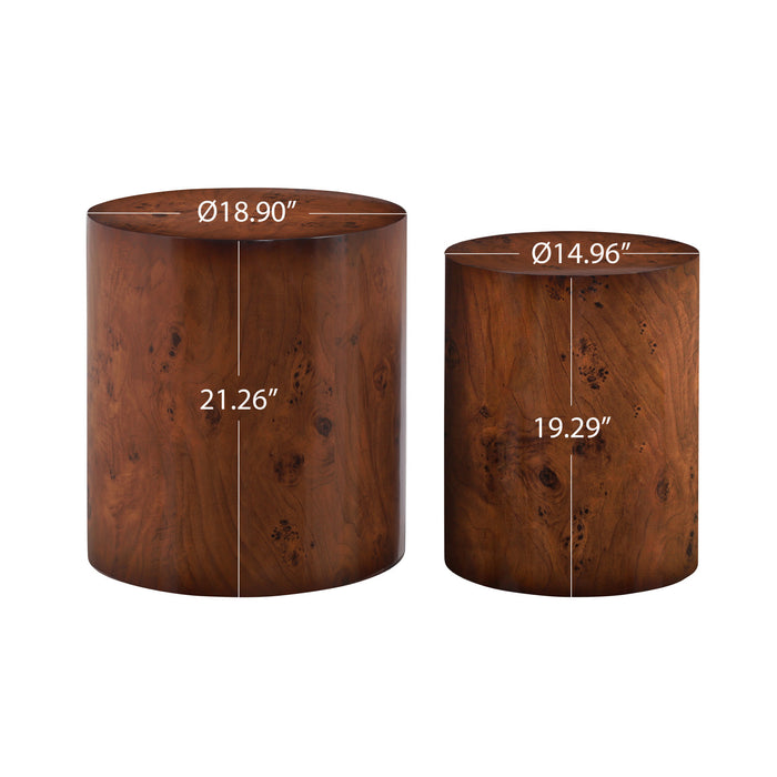 Ensemble de 2 tables basses rondes gigognes Kinley, tables d'appoint cylindriques placage bois, brun
