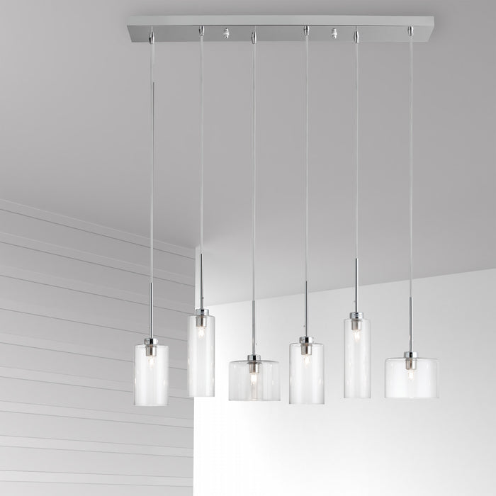 Luminaire suspendu horizontal Industrial Chic de Dainolite en verre transparent, avec fini chromé poli et 6 ampoules