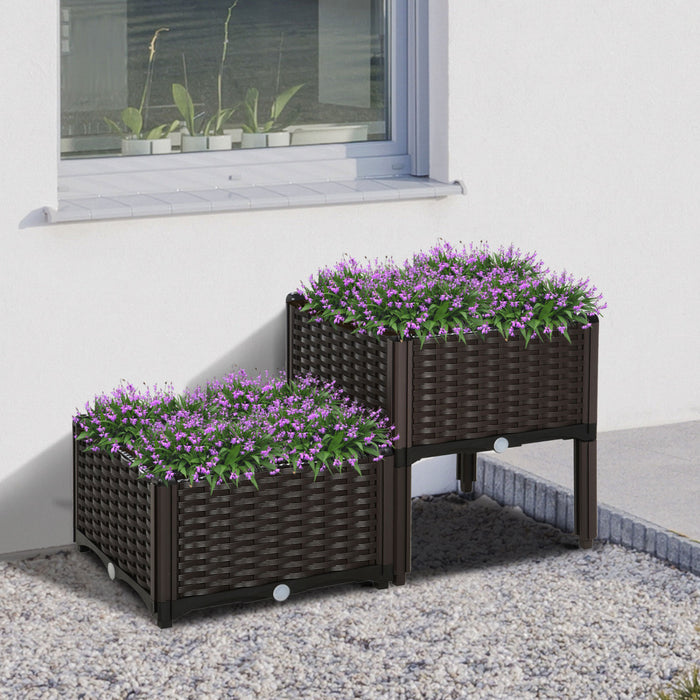 Outsunny Jardiniere Sur Pieds Carre Potager 2 Etages Dim. 80l X 40l X 44h Cm Insert D\u0092irrigation Plastique Imitation Rotin Tresse Chocolat