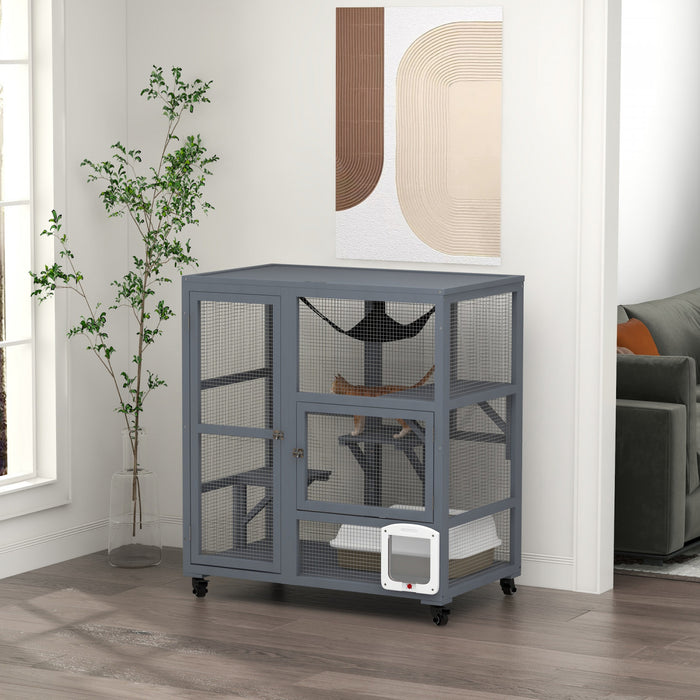 Pawhut Niche En Bois Pour Chats D'interieur, 3 Niveaux, Villa Pour Chat Sur Roulettes Avec Porte A Chatiere, Hamac, Dessus Ouvrant Pour 2 Chats, Gris Clair