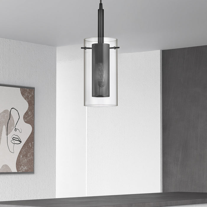 Luminaire suspendu Percy de Dainolite en verre transparent, avec fini noir mat et 1 ampoule