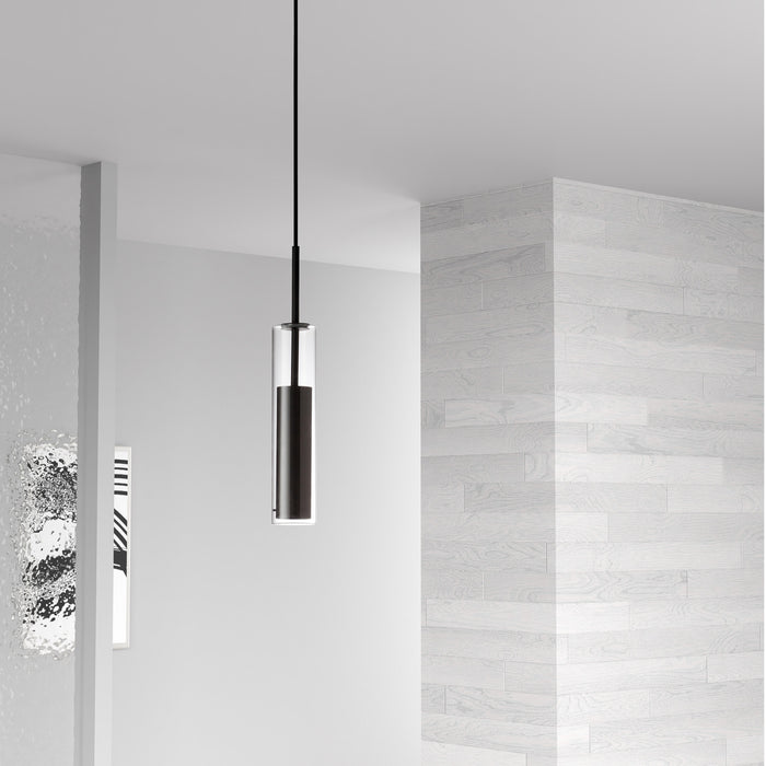 Luminaire suspendu Luna de Dainolite en verre transparent, avec fini noir et ampoule à DEL de 6 W