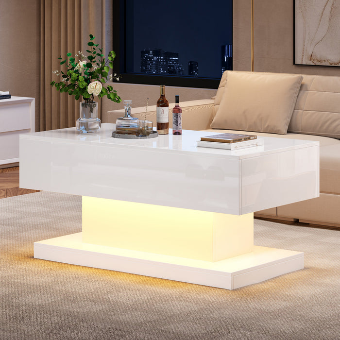 Logan table basse relevable – table avec eclairage LED et plateau extensible, blanc