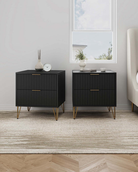 Table de nuit moderne Dumbo 20\" a cannelures en noir (2 tiroirs) - Lot de 2