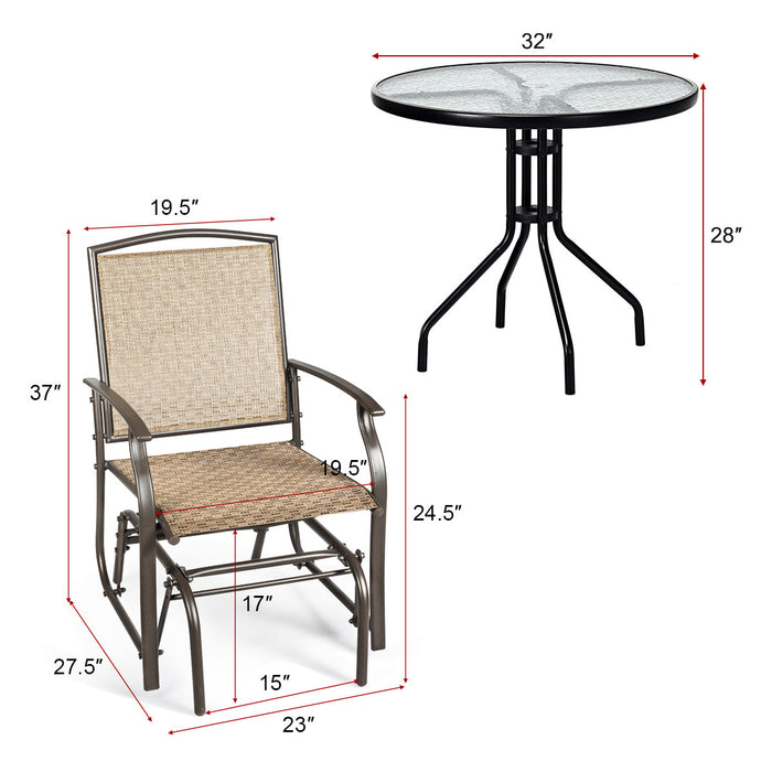 Costway Ensemble mobilier bistro de patio 3PCS chaise a bascule, table en verre avec trou parasol
