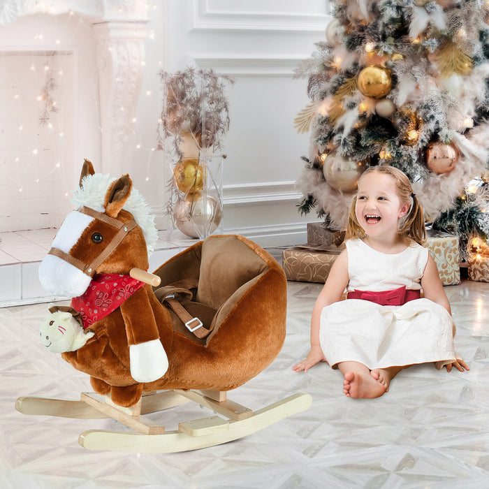 Qaba Cheval A Bascule Avec Chanson Poignee Marionnette A Main Jouet Traditionnel Cadeau Pour Enfants 18-36 Mois Jouet A Bascule Pour Tout-petit Marron