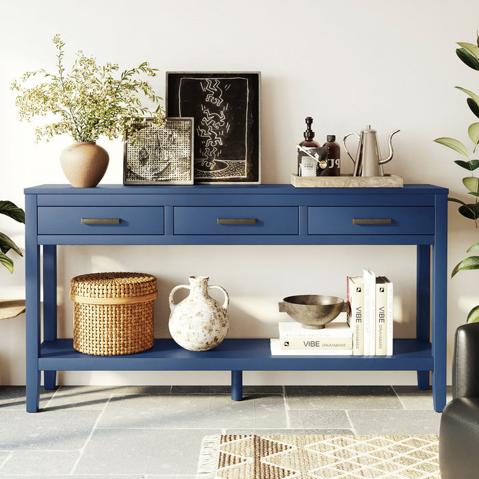 Table d'entree Emma 59,1'' de style ferme avec tiroirs et etagere ouverte, bleue