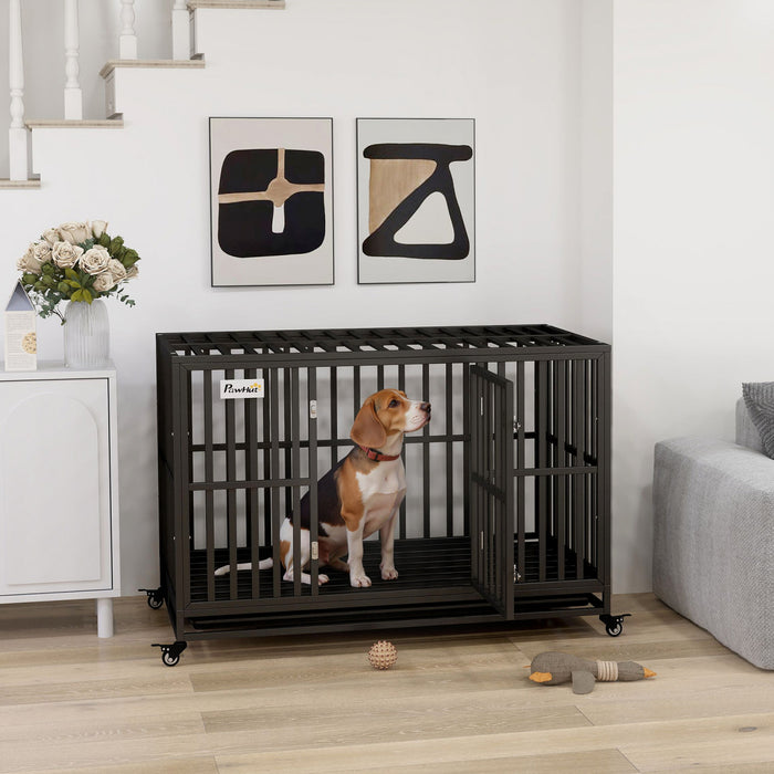 Pawhut Cage Pour Chien En Acier Robuste Avec Roulettes Pour La Portabilite Et Une Porte Pour Un Acces Pratique Au Sol Anti-pincement, 49,2\" L X 29,5\" L X 34,6\" H, Noir