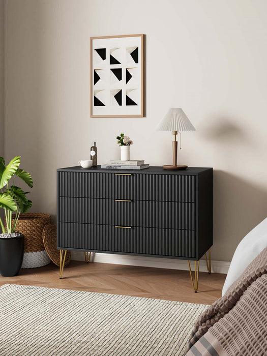 Commode Dumbo Moderne 35\" a Cannelures en Noir (3 Tiroirs)