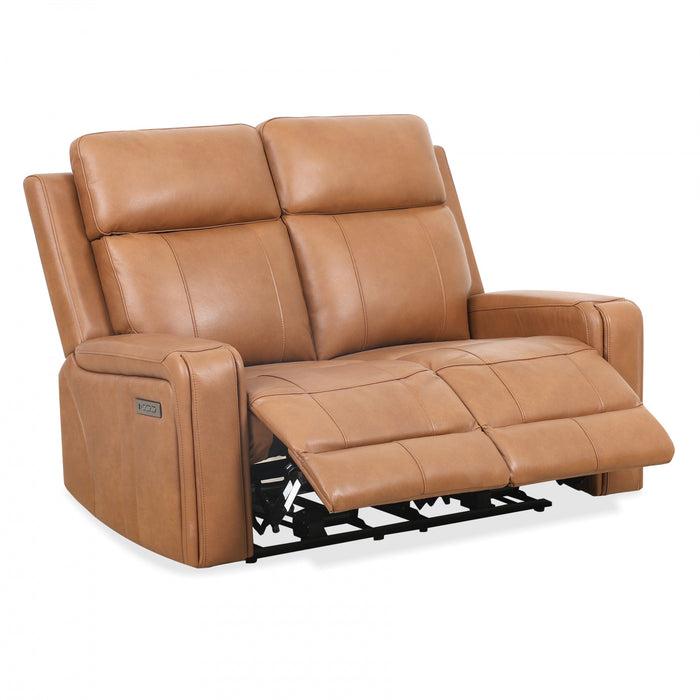 Causeuse inclinable electrique Bellamy de 58 po en cuir assorti avec appuie-tete ajustable et USB - Cognac