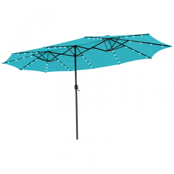 Costway Parasol double face jumeau de patio de 15 pieds avec 48 lumieres LED solaires et manivelle turquoise