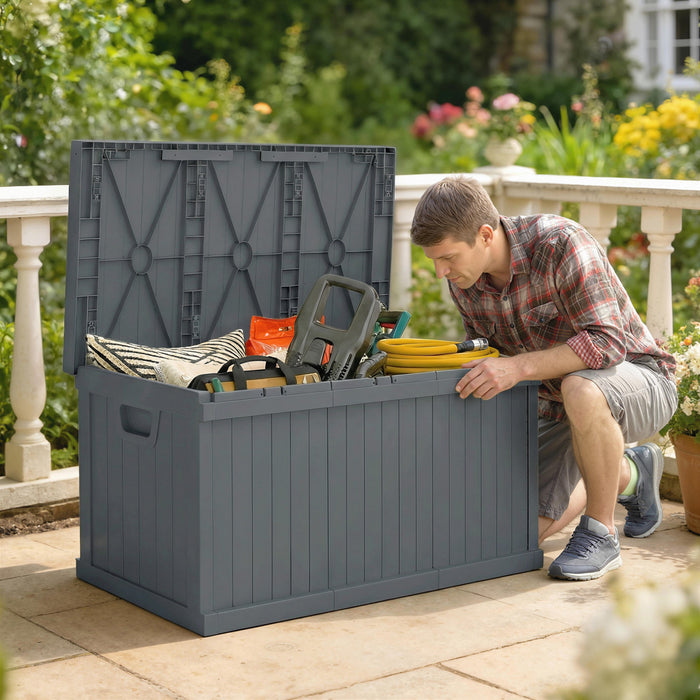 Outsunny Coffre de Rangement 70 Gallons, Coffre Exterieur avec Poignees, Gris Fonce