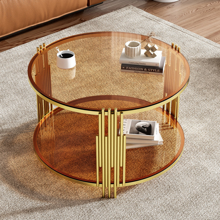 Table Basse Ronde Jonas De 31,5\" En Verre Trempe Avec Etagere Inferieure, Marron