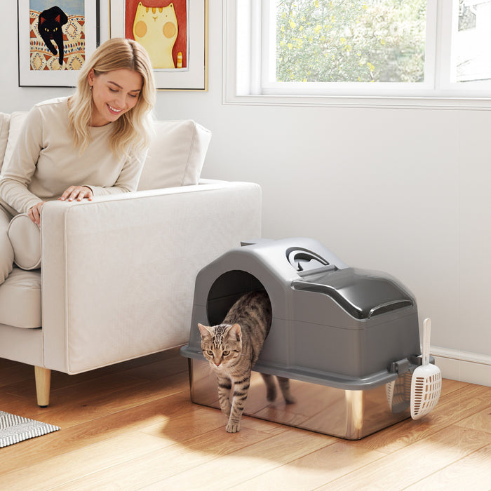 Grand bac a litiere en acier inoxydable pour chat, gris fonce