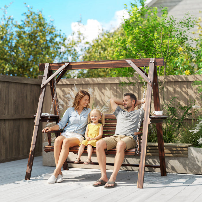 Outsunny Balancelle 3 Places avec Tables Laterales, Marron Carbonise