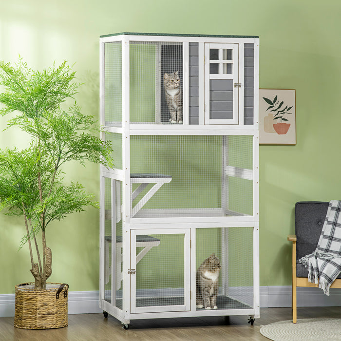 Pawhut Maison Pour Chat D'exterieur Avec Roulettes, Grande Enceinte En Bois De 91,4 Cm De Long Avec 2 Plates-formes, Toit En Asphalte, Portes Verrouillables, Condo De Repos