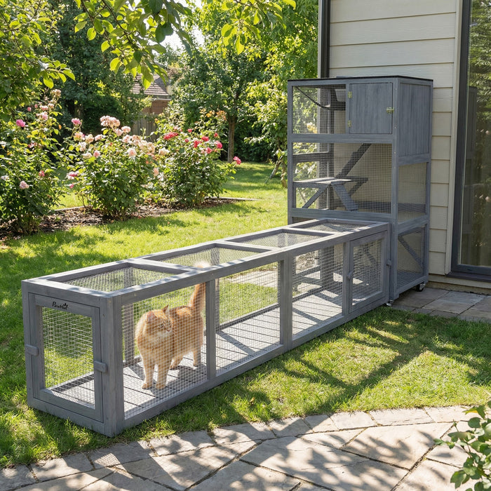PawHut Tunnel pour chat 79\" de long, abri pour chat en forme de L avec design extensible, enclos pour interieur/exterieur et porte amovible, gris fonce